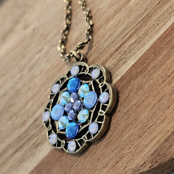 VTG‎ Signed ANNE KOPLIK PENDANT NECKLACE Blue Rhinestone Aqua Teal 18" USA Made - Picture 4 of 11